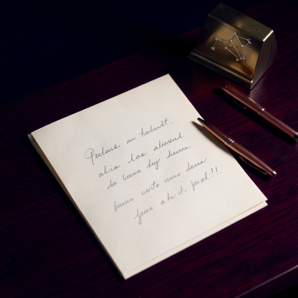 Handwritten weekly alignment card on dark wood desk with copper pen