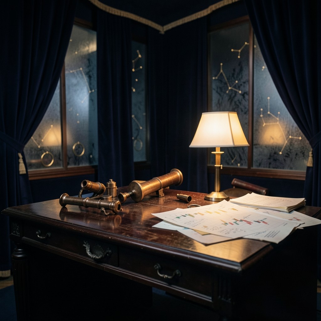 Velvet-lit observatory desk with layered chart printouts and brass instruments