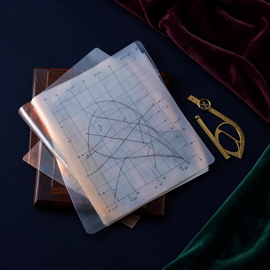 Layered translucent chart sheets on a dark lacquered table under warm copper light