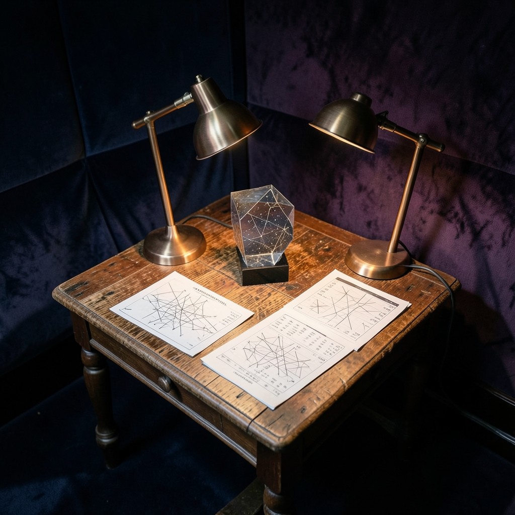 Small workshop table with printed price charts and copper desk lamp