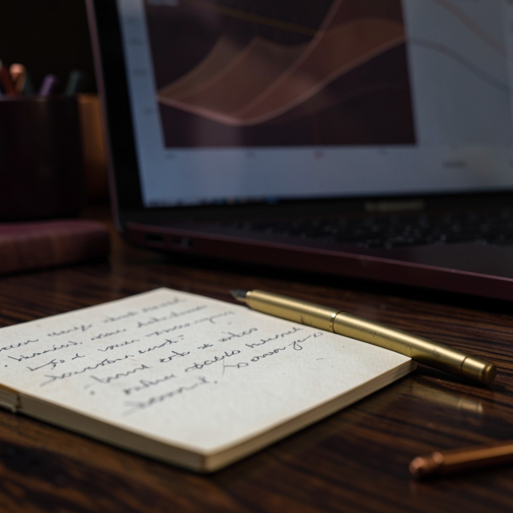 Weekly review notes beside a laptop showing layered chart sketches